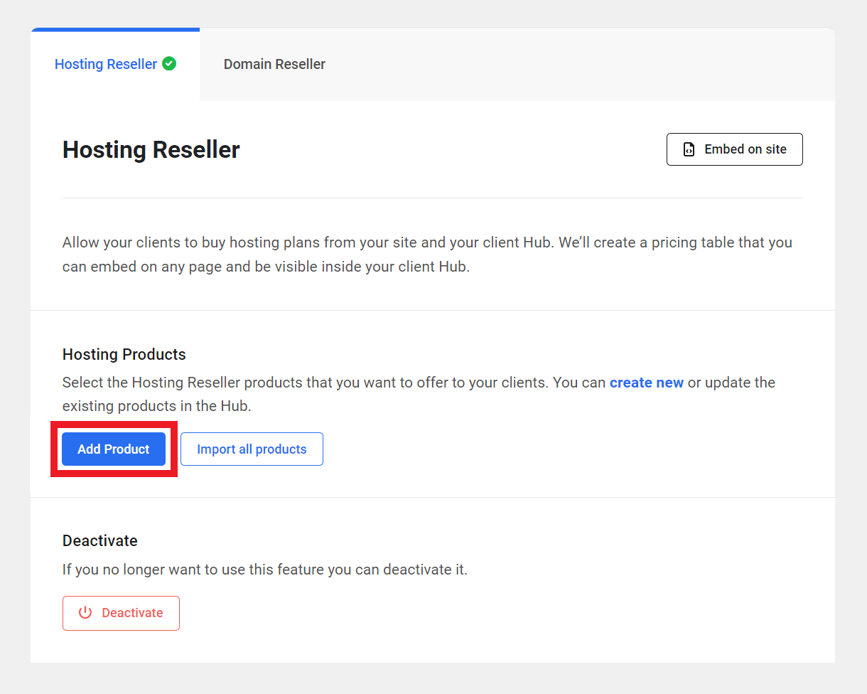 Add a Hosting Reseller product in the Hub Client