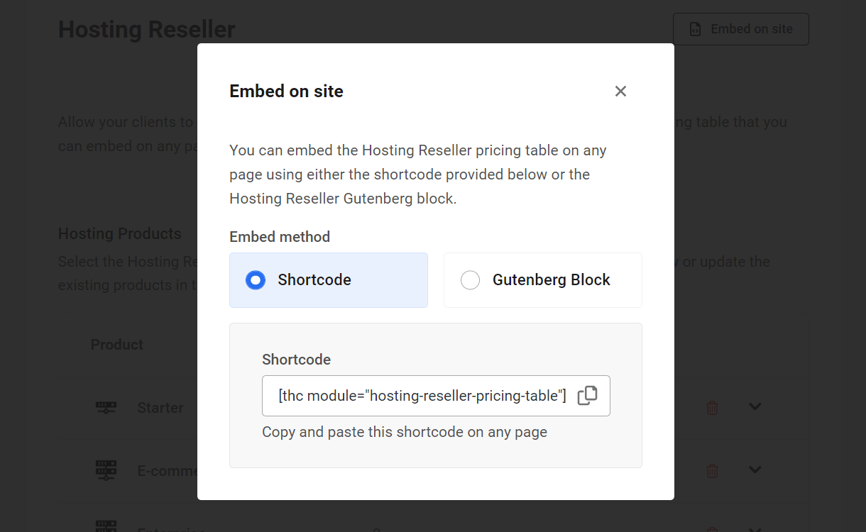 Hosting Reseller pricing table embed options in the Hub