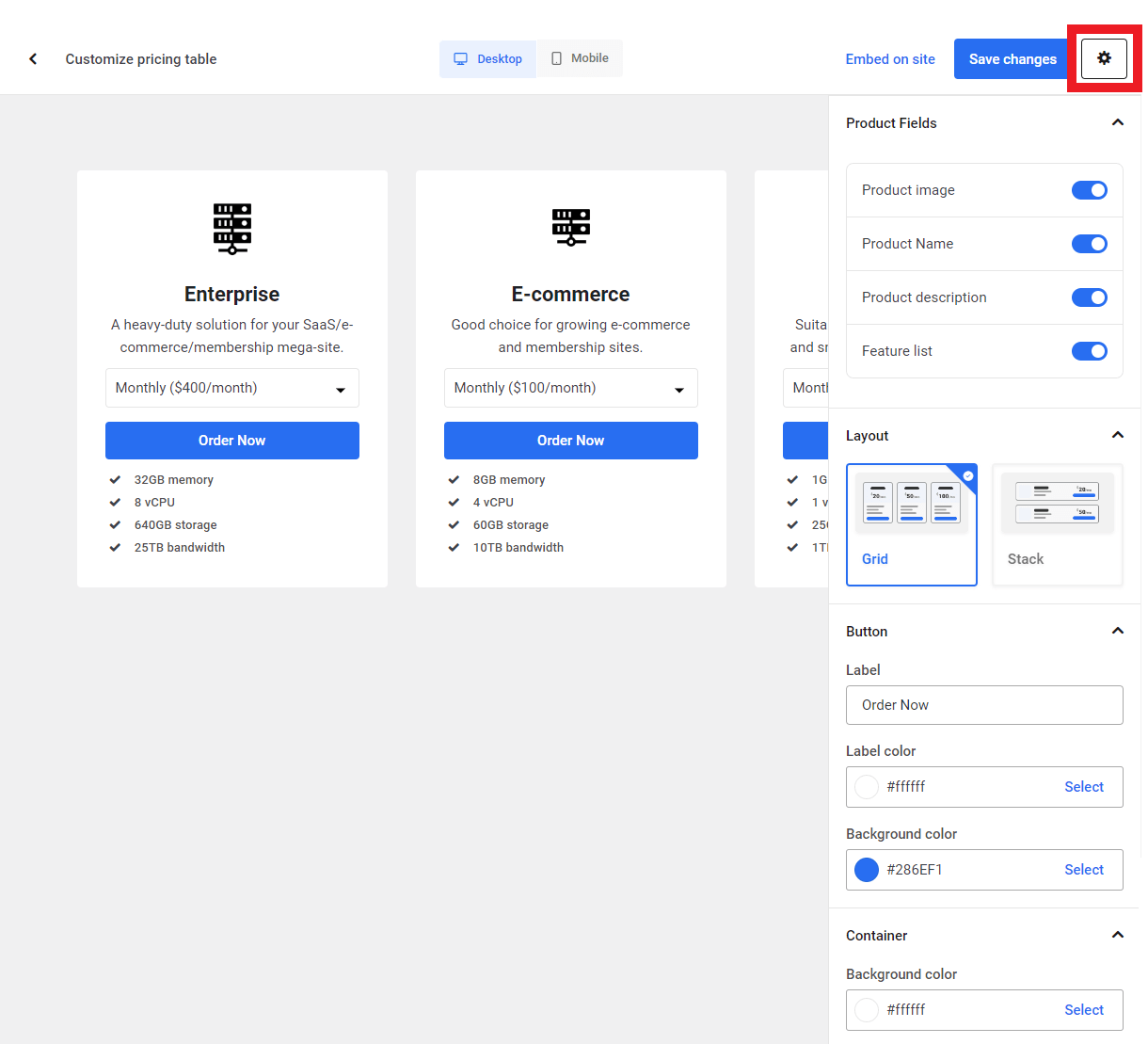 Hosting Reseller pricing table customization options in the Hub