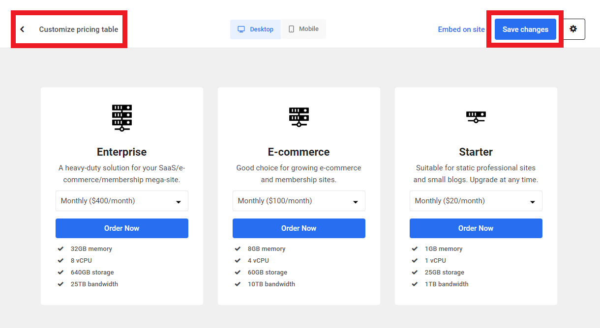 Save Hosting Reseller pricing table customization options in the Hub