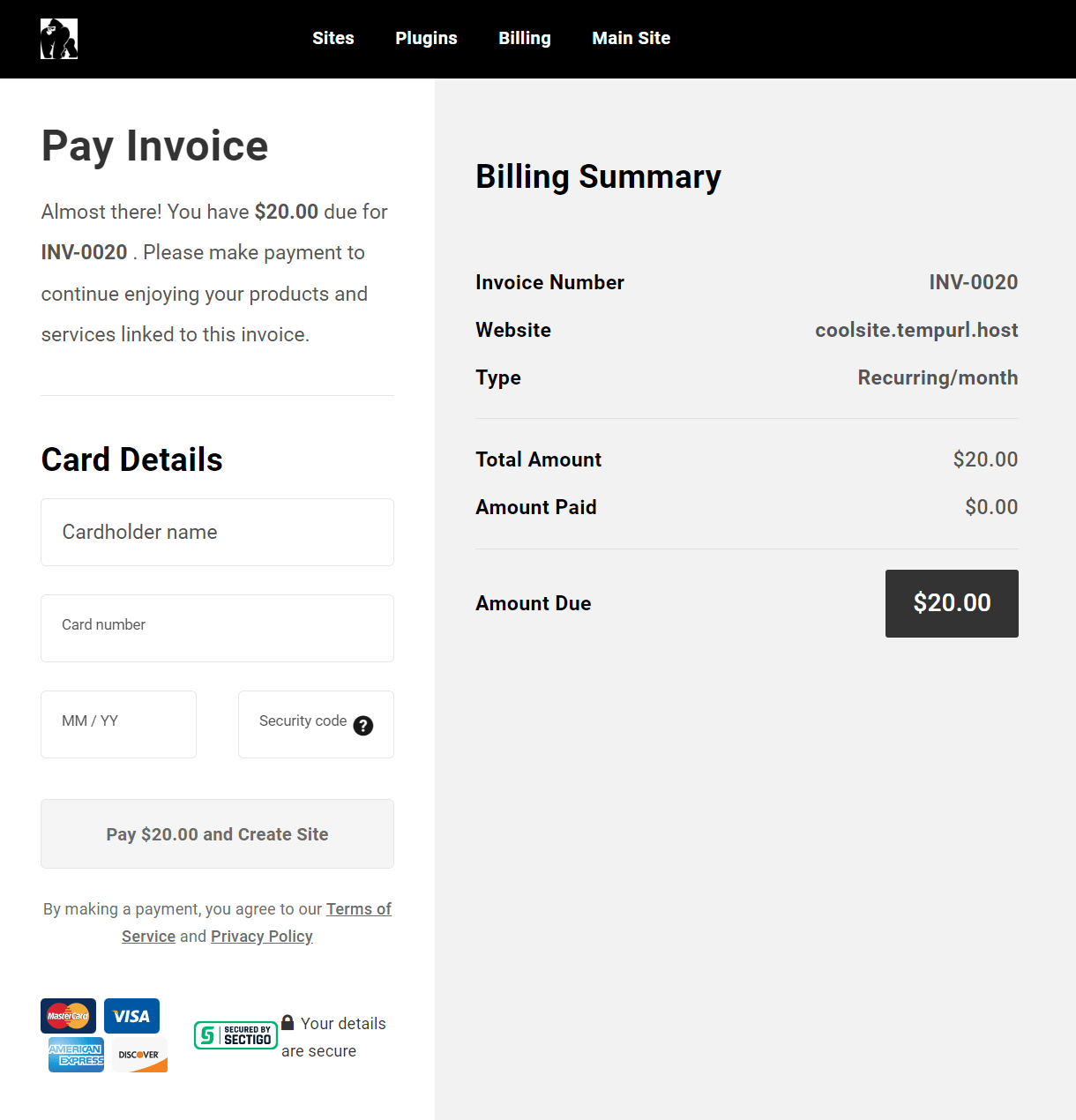 Invoice for a new hosting site in the Client Portal