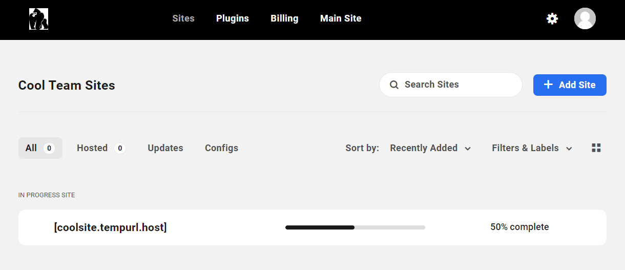 Site creation progress for a new hosting site in the Client Portal