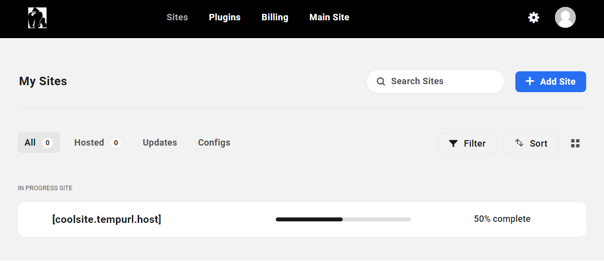 Site creation progress for a new hosting site in the Client Portal
