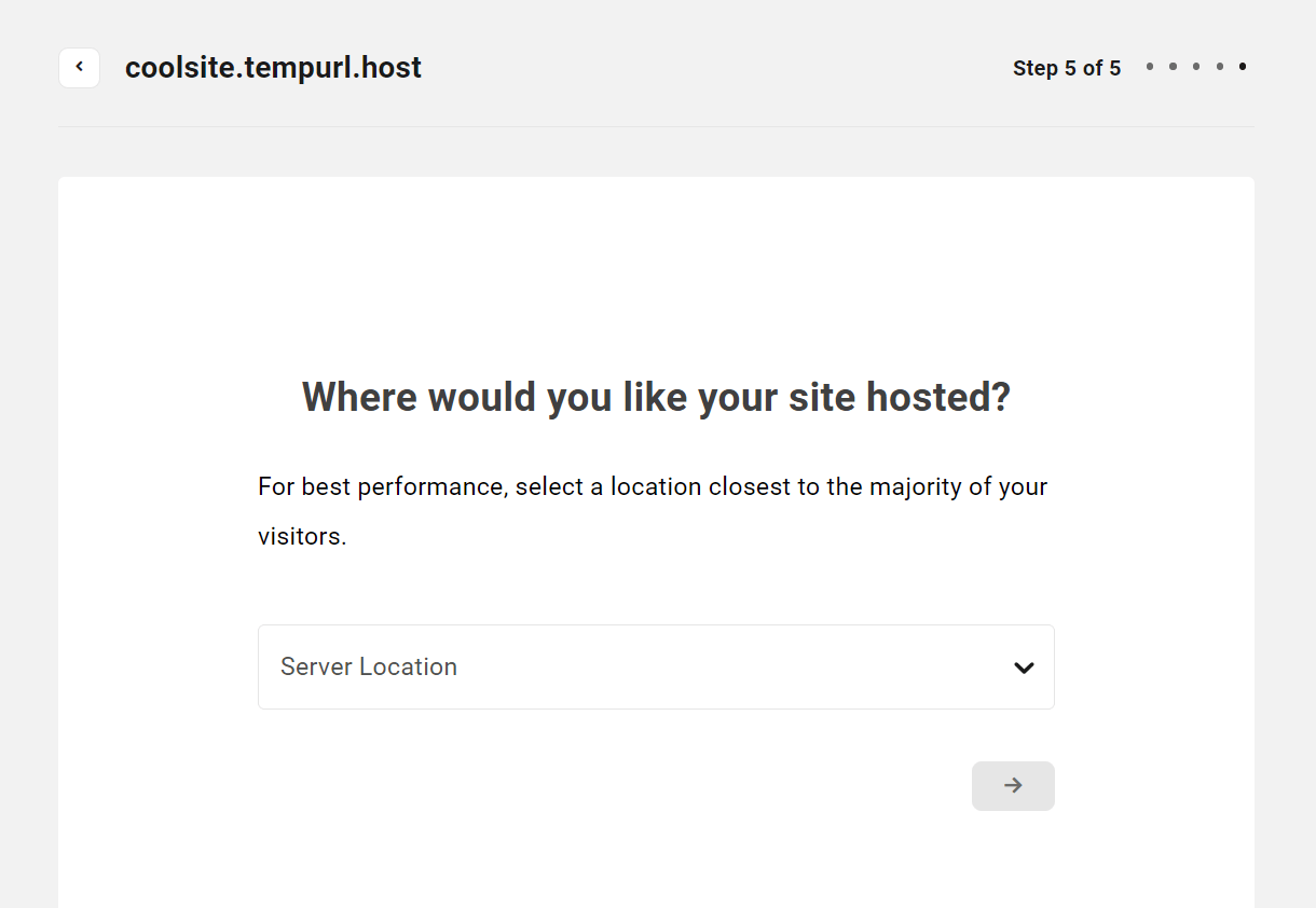 Select region for a new hosting site in the Client Portal
