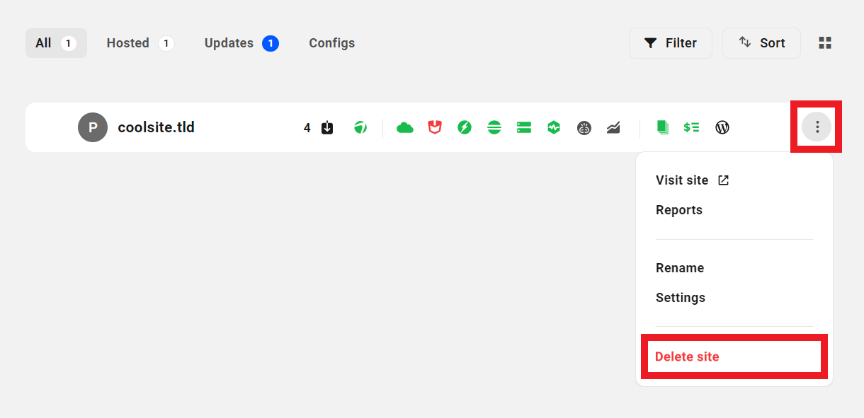 Delete a hosting site in the Client Portal