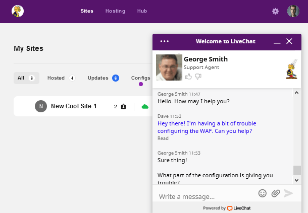 LiveChat widget in the Hub Client