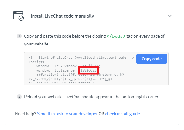 Copy widget code from LiveChat settings