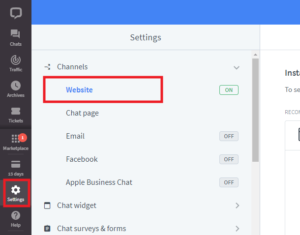 Select Website option in LiveChat settings