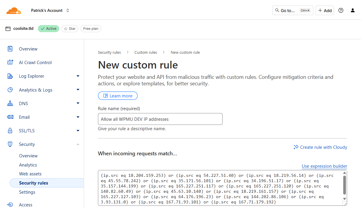 Add a custom security rule in Cloudflare