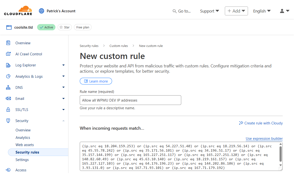 Add a custom security rule in Cloudflare