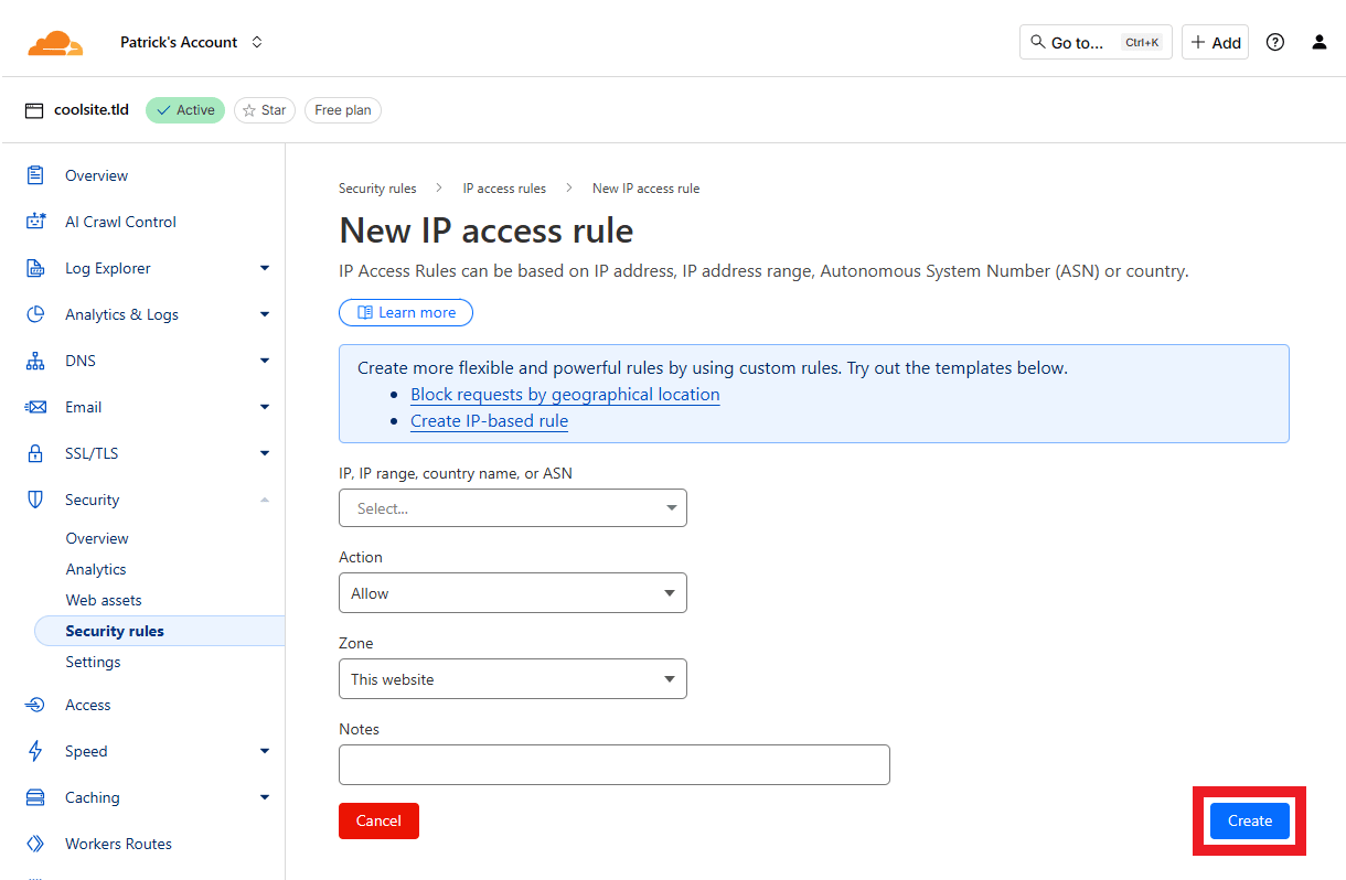Create an IP access rule at Cloudflare