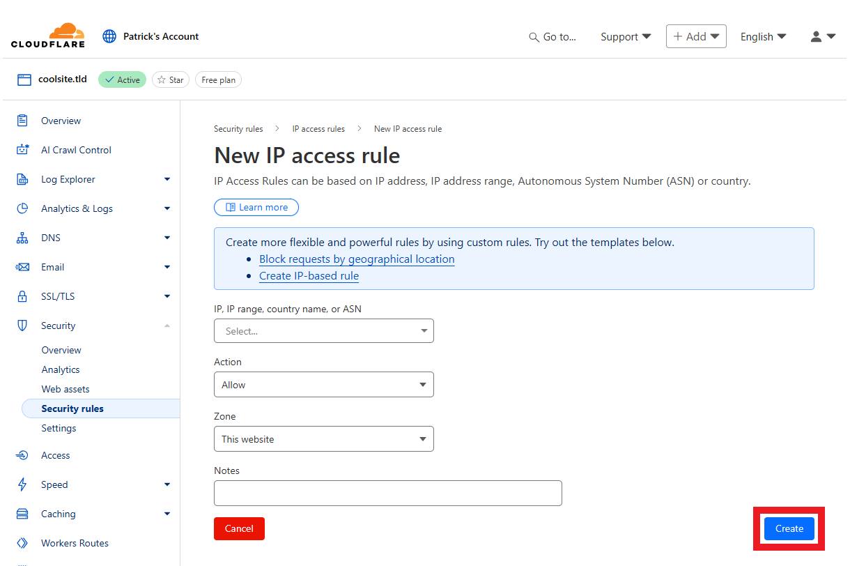 Create an IP access rule at Cloudflare