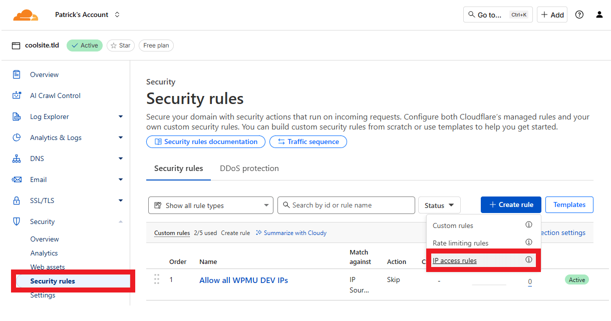 Create an IP access rule at Cloudflare
