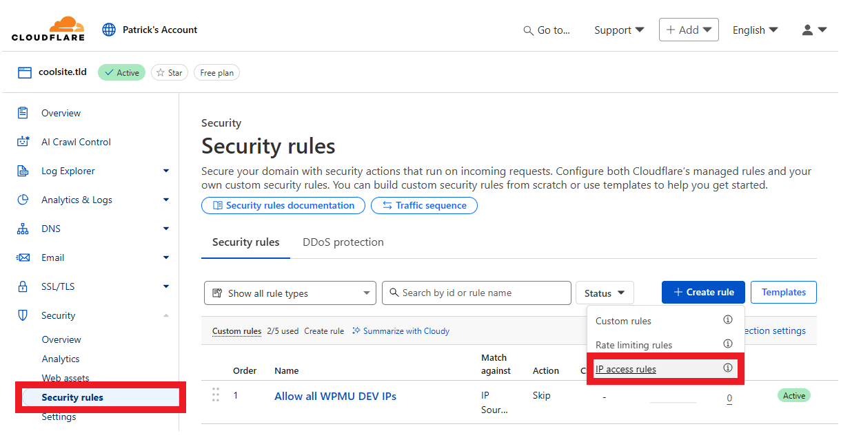 Create an IP access rule at Cloudflare