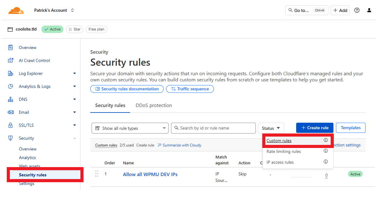 Create a security rule at Cloudflare