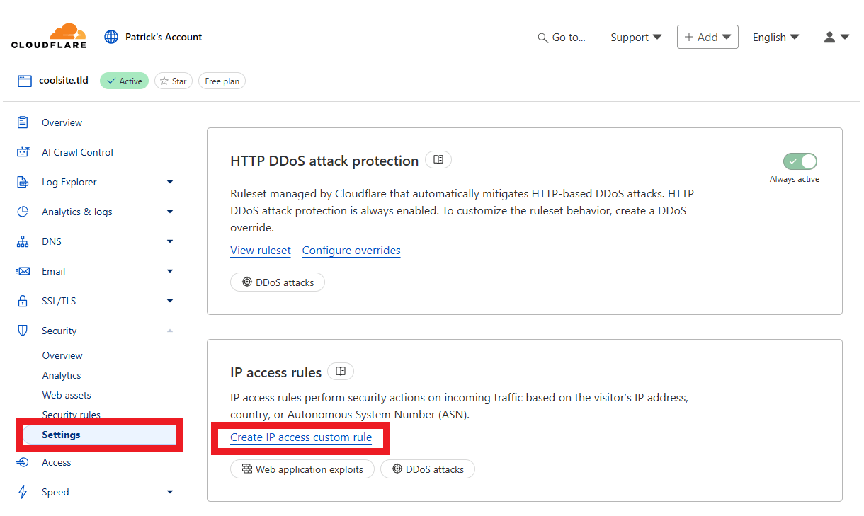 Create an IP access rule at Cloudflare