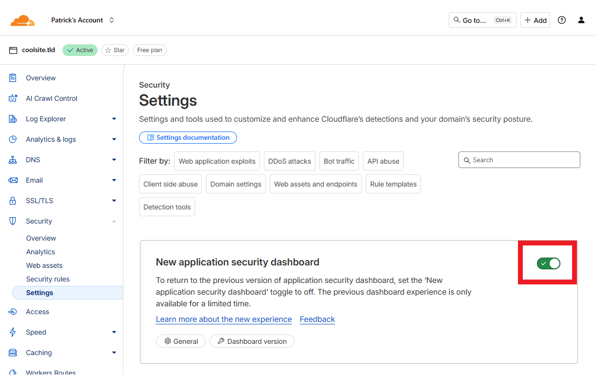 Switch to the old Security dashboard at Cloudflare
