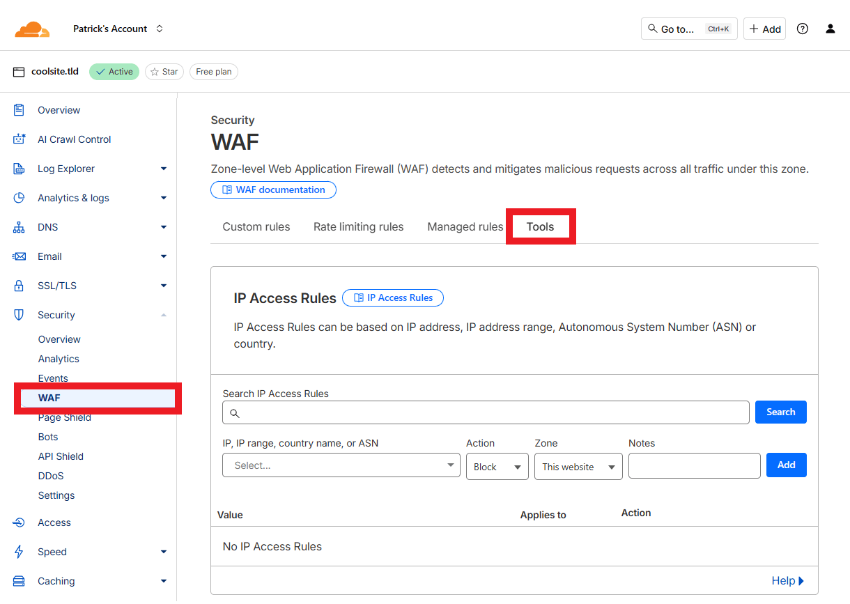 Create IP rules in the old Security dashboard at Cloudflare