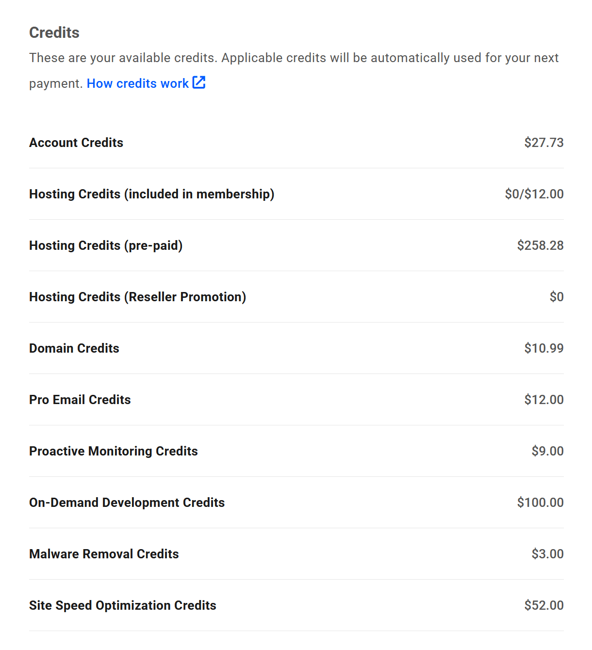 Credit info in your WPMU DEV account