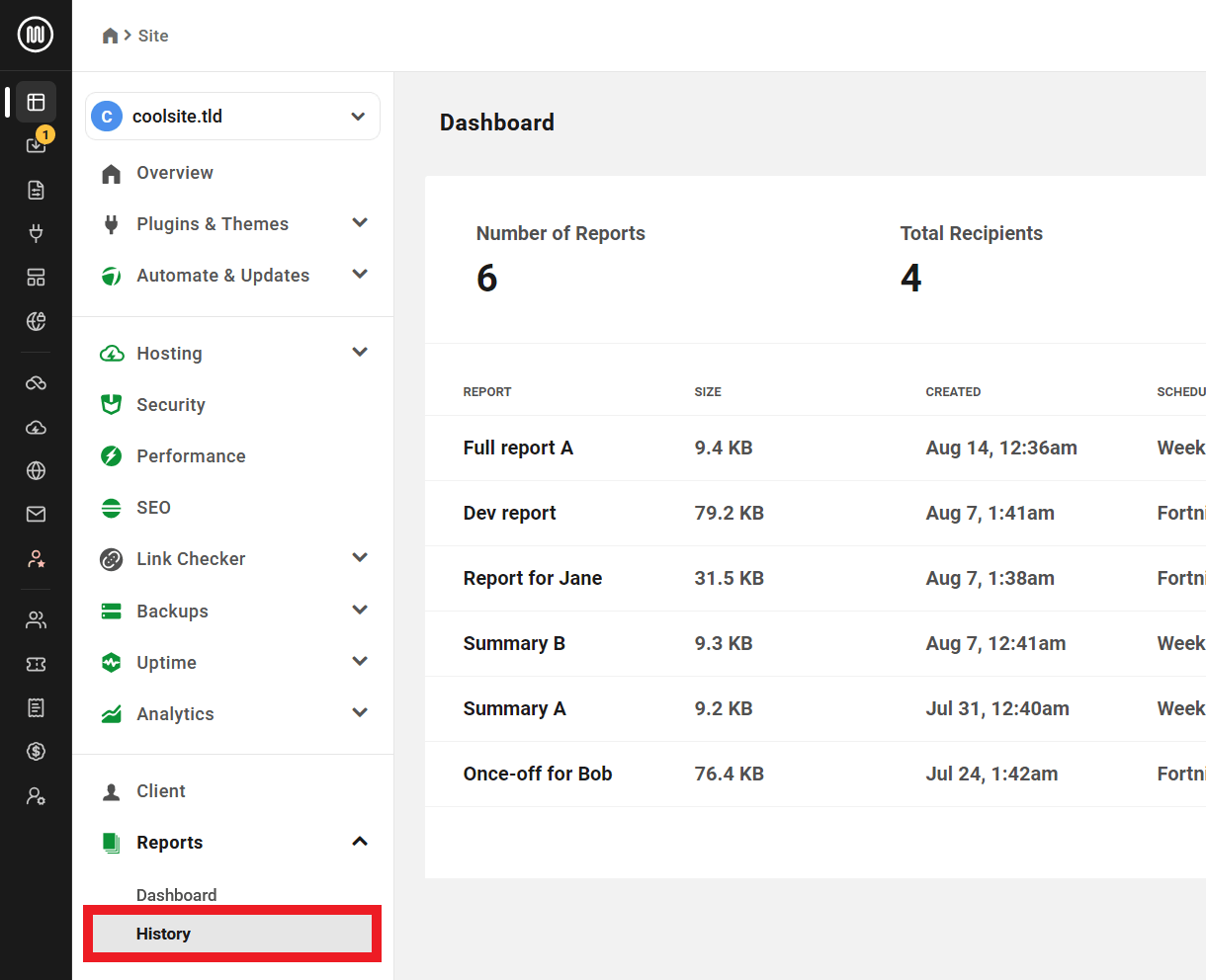 View a log of reports generated for a site