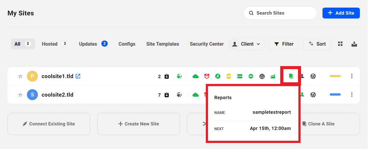 Reports enabled for a site in The Hub
