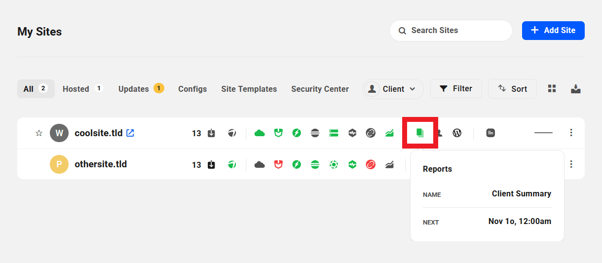Reports enabled for a site in The Hub