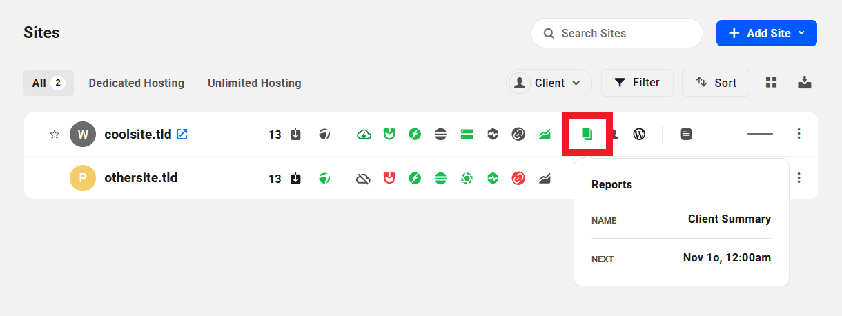 Reports enabled for a site in The Hub