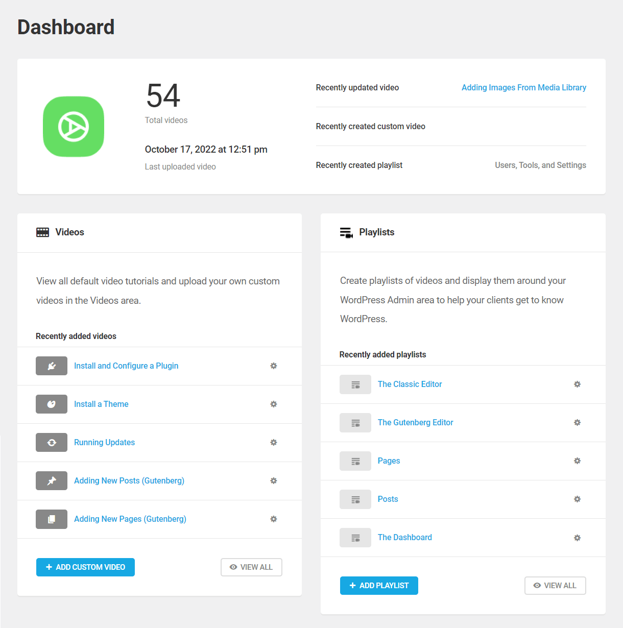 Integrated Video Tutorials dashboard overview