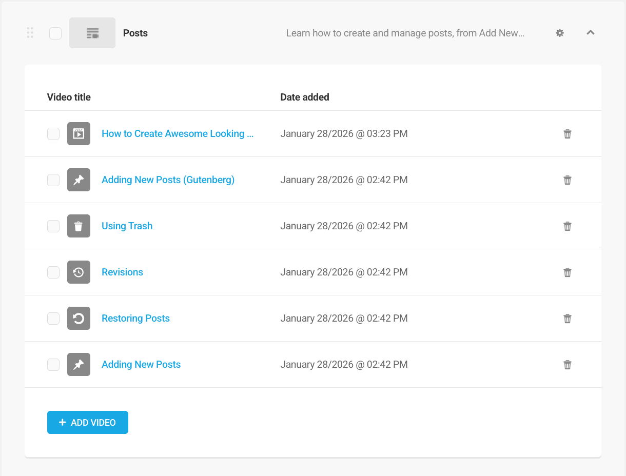 Playlist details in Integrated Video Tutorials