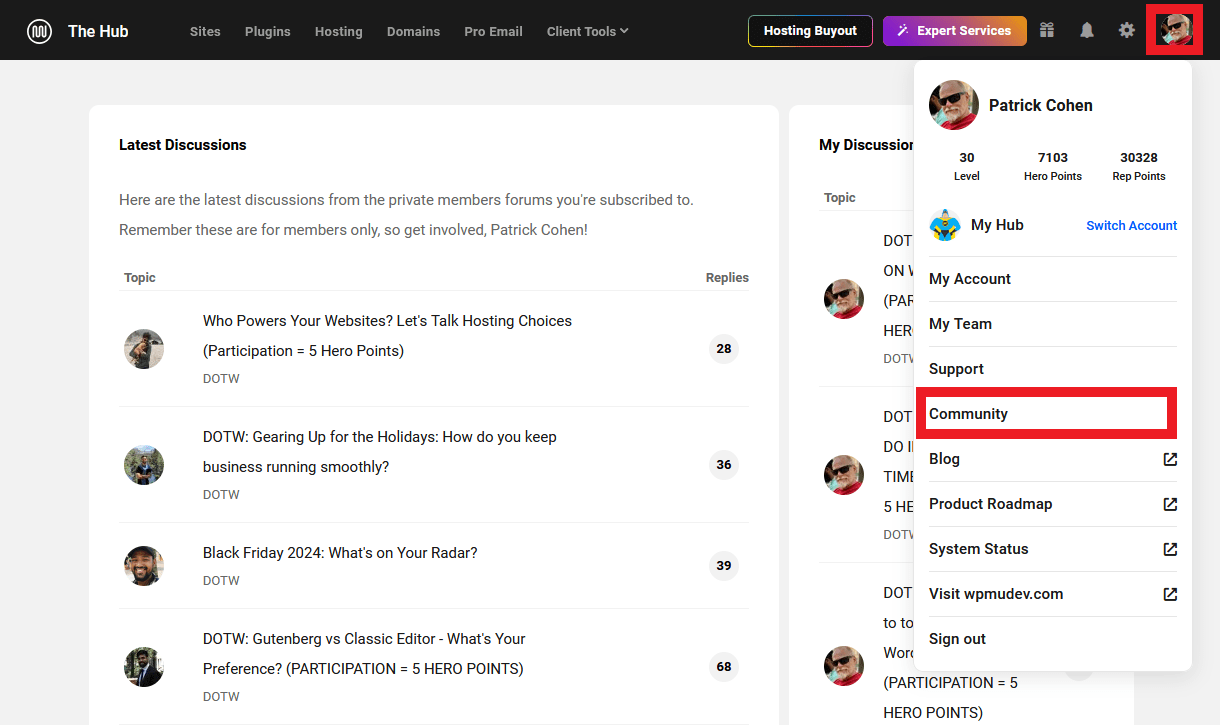 Access the Community page in the Hub