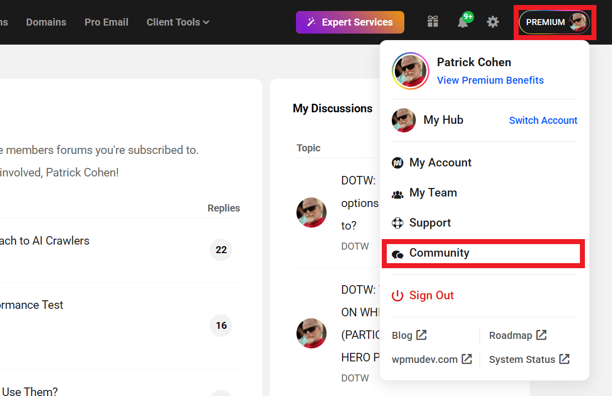 Access the Community page in The Hub