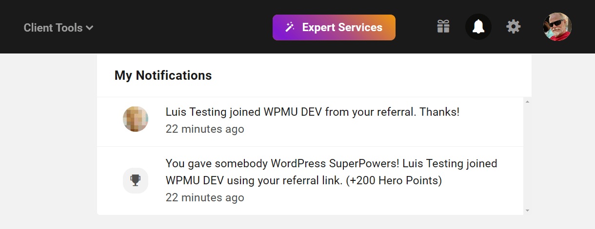Hub notification for new paid referral signup