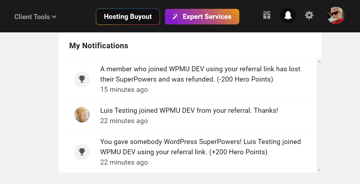 Hub notification for refunded referral signup