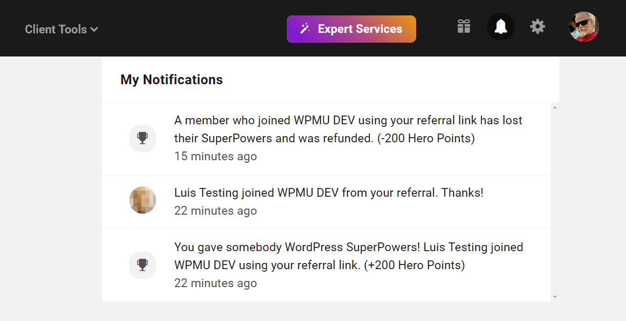 Hub notification for refunded referral signup