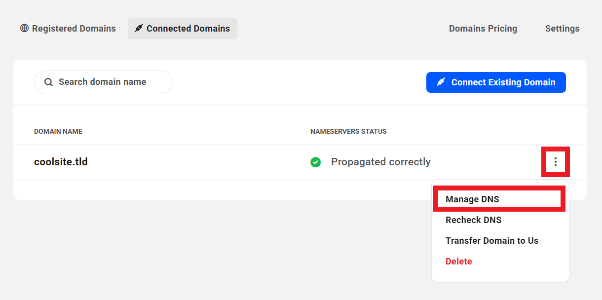 Manage DNS option for connected domains