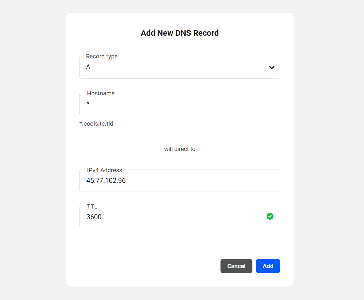 Add a wildcard DNS record in the Hub
