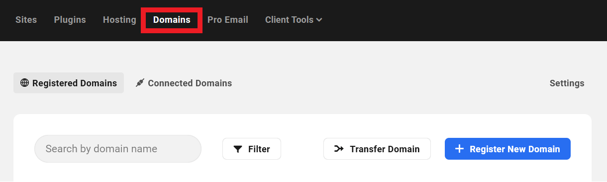 Domains menu location in the Hub