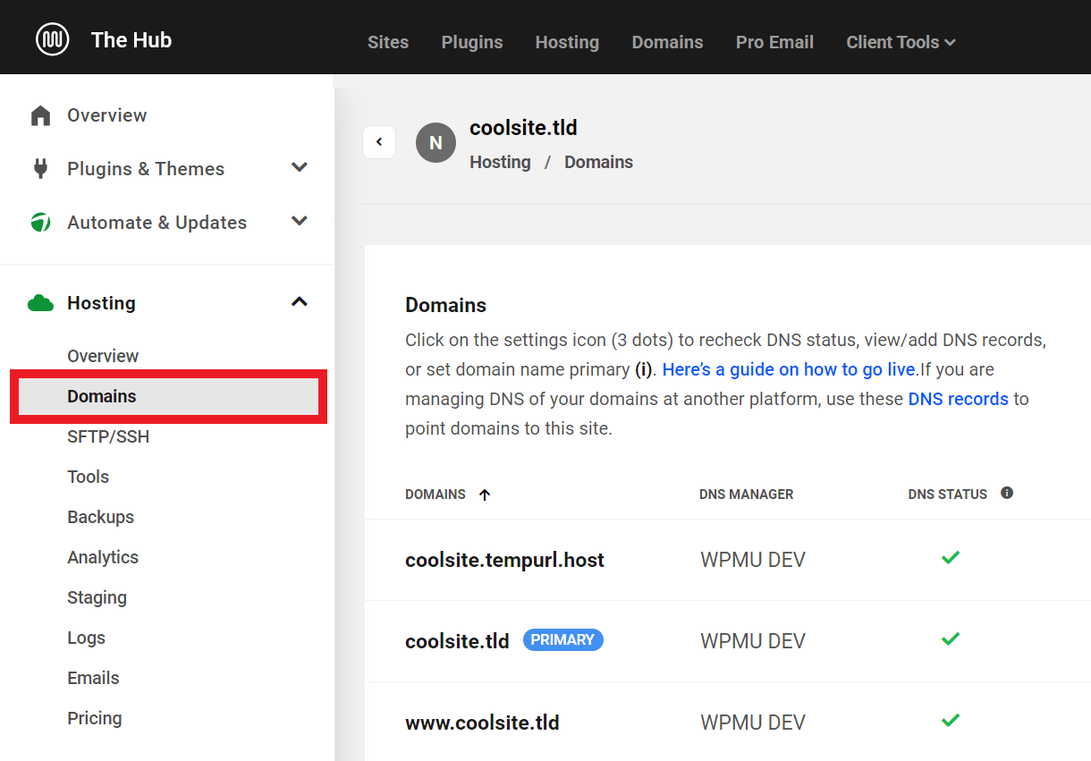 Domains options under the Hosting Category in the Hub