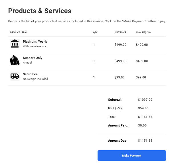 Invoice summary when making payment in Client Billing