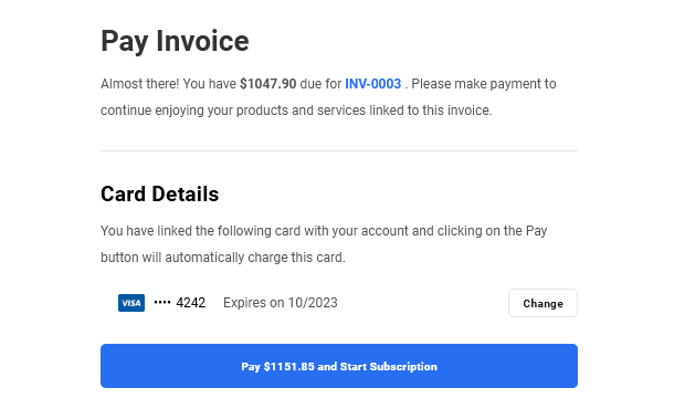 Card details entered when making payment in Client Billing