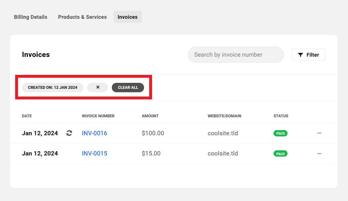 Clear client's invoice filters in Client Billing