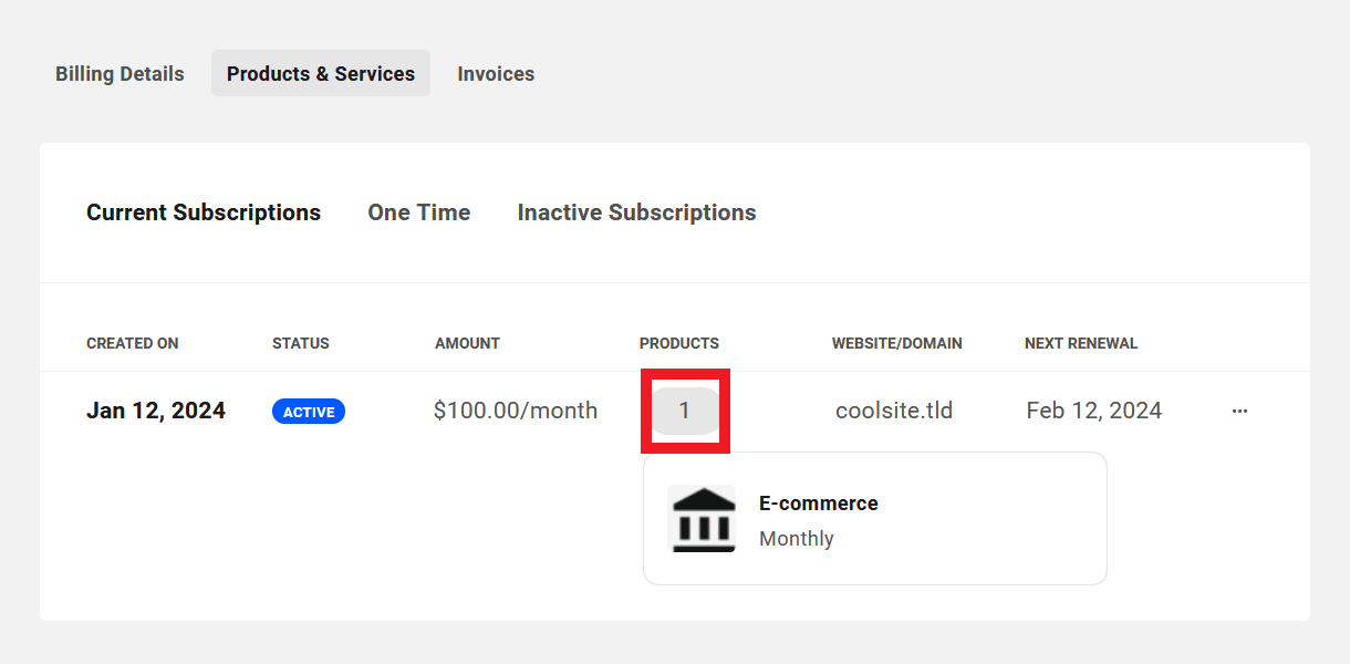 Products included in a client's active subscription in Client Billing