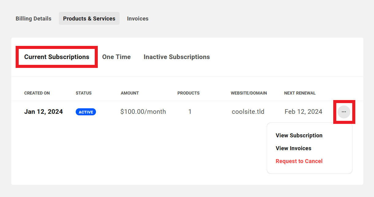 Client's active subscriptions in Client Billing