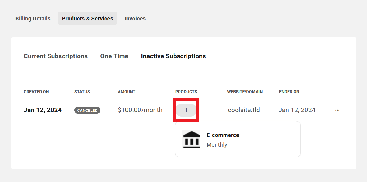 Products included in a client's inactive subscription in Client Billing