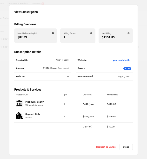 Client's view of subscription details in Client Billing