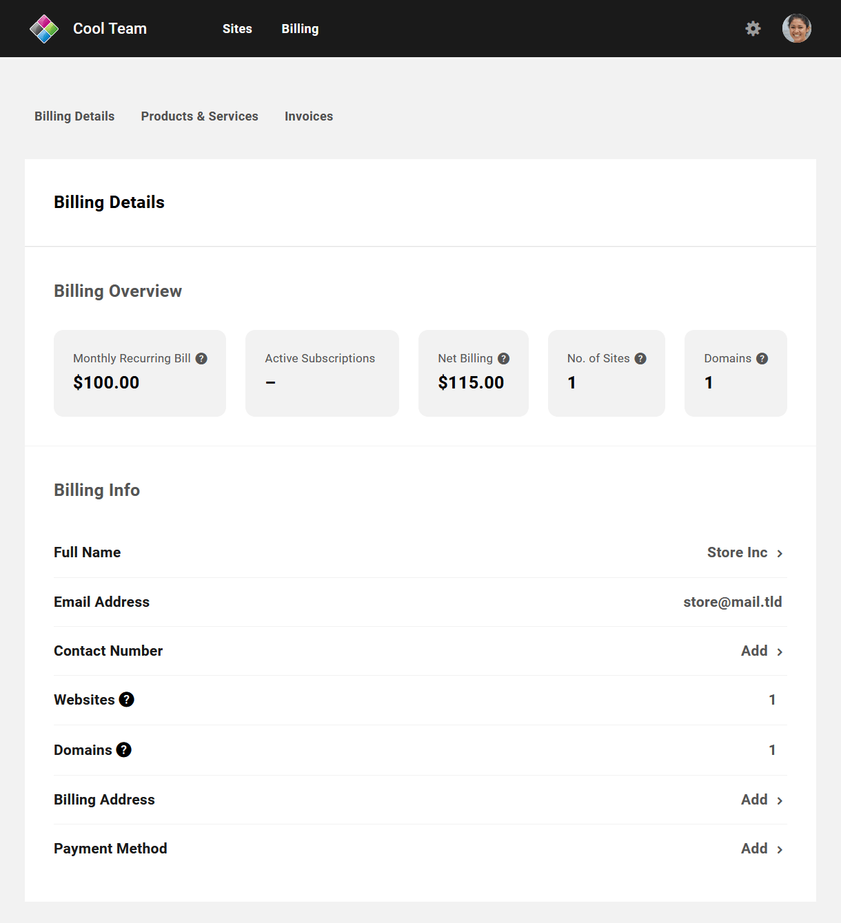 Client account view in Client Billing