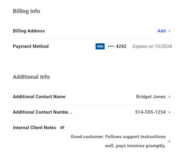 Custom fields in client profile in Client Billing