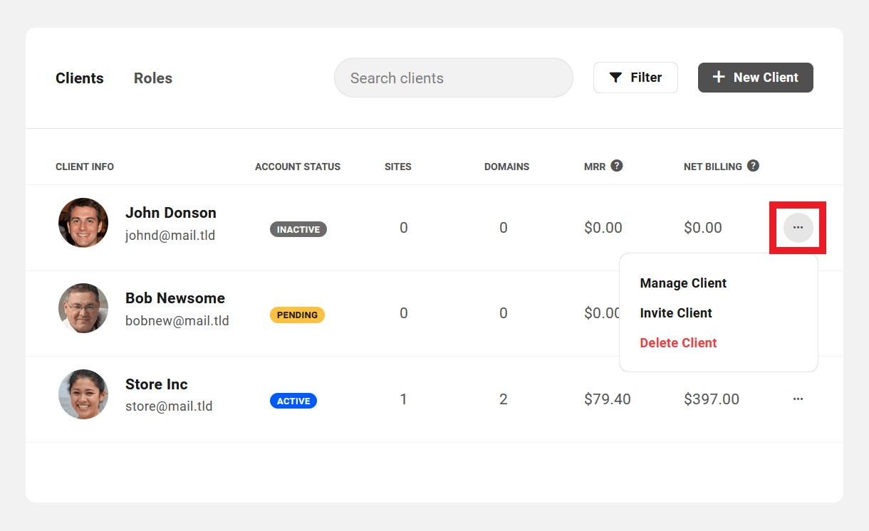 Client management options in Client Billing
