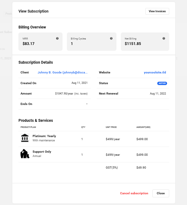 View subscription details in Client Billing