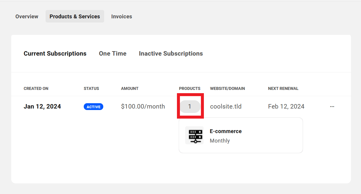 Products included in client's active subscriptions in Client Billing